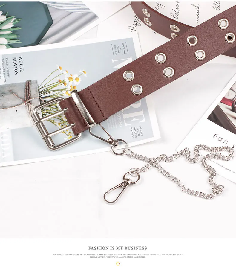 Fashion Harajuku Women Punk Chain Belt Adjustable Black Double/Single Eyelet Grommet Metal Buckle Leather Waistband For Jeans