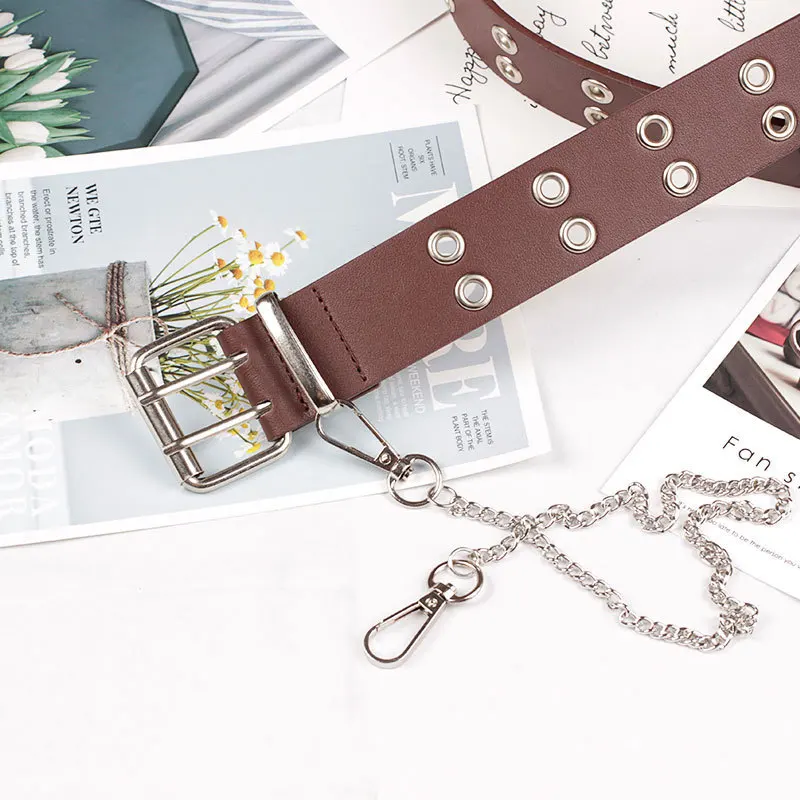 Fashion Harajuku Women Punk Chain Belt Adjustable Black Double/Single Eyelet Grommet Metal Buckle Leather Waistband For Jeans