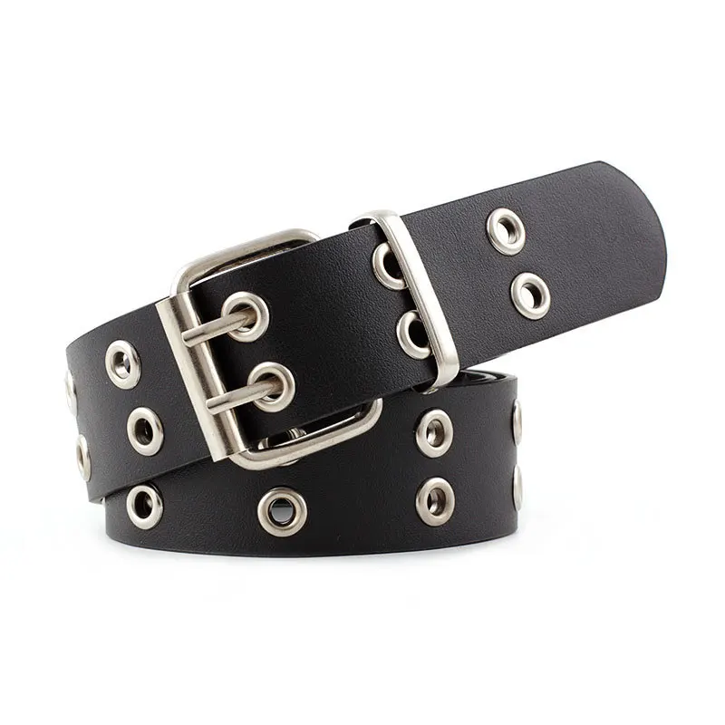 Fashion Harajuku Women Punk Chain Belt Adjustable Black Double/Single Eyelet Grommet Metal Buckle Leather Waistband For Jeans