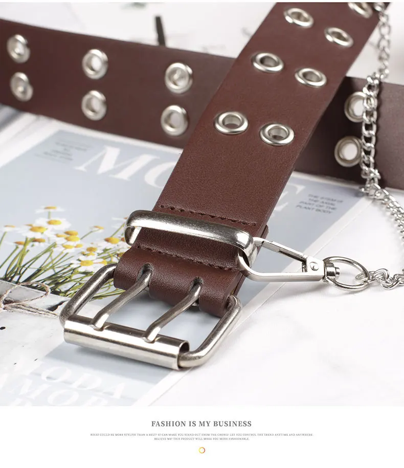 Fashion Harajuku Women Punk Chain Belt Adjustable Black Double/Single Eyelet Grommet Metal Buckle Leather Waistband For Jeans