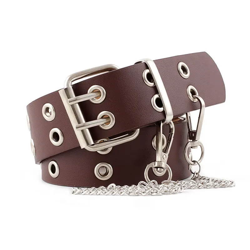 Fashion Harajuku Women Punk Chain Belt Adjustable Black Double/Single Eyelet Grommet Metal Buckle Leather Waistband For Jeans
