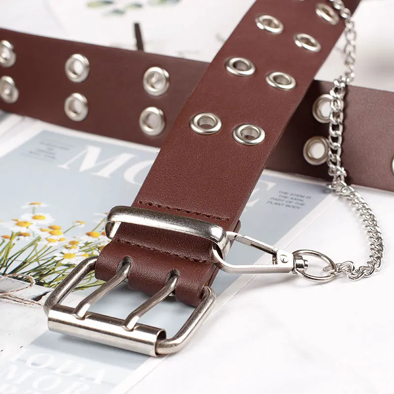 Fashion Harajuku Women Punk Chain Belt Adjustable Black Double/Single Eyelet Grommet Metal Buckle Leather Waistband For Jeans