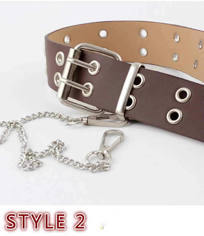 Fashion Harajuku Women Punk Chain Belt Adjustable Black Double/Single Eyelet Grommet Metal Buckle Leather Waistband For Jeans