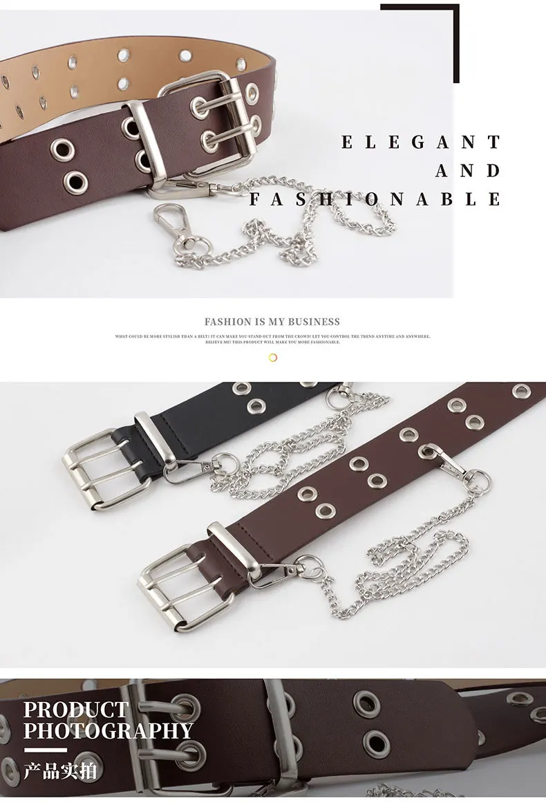 Fashion Harajuku Women Punk Chain Belt Adjustable Black Double/Single Eyelet Grommet Metal Buckle Leather Waistband For Jeans