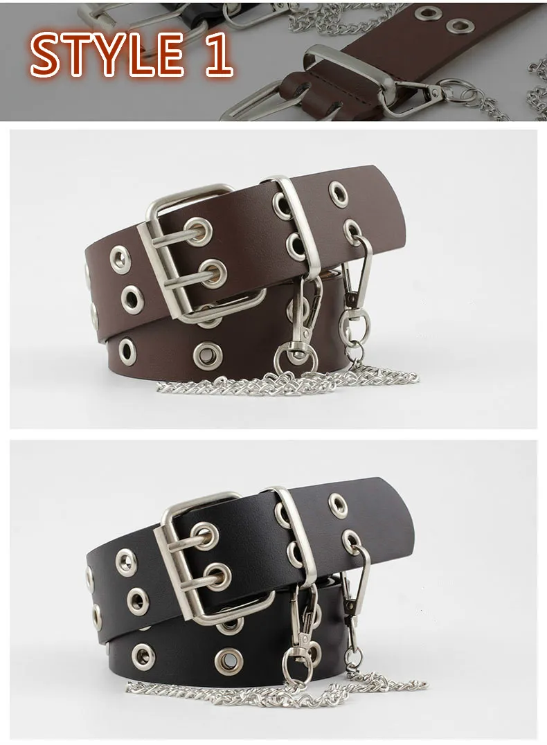 Fashion Harajuku Women Punk Chain Belt Adjustable Black Double/Single Eyelet Grommet Metal Buckle Leather Waistband For Jeans