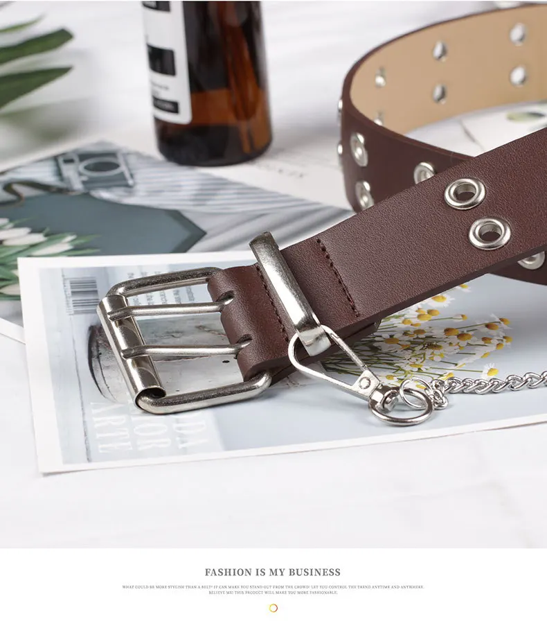 Fashion Harajuku Women Punk Chain Belt Adjustable Black Double/Single Eyelet Grommet Metal Buckle Leather Waistband For Jeans