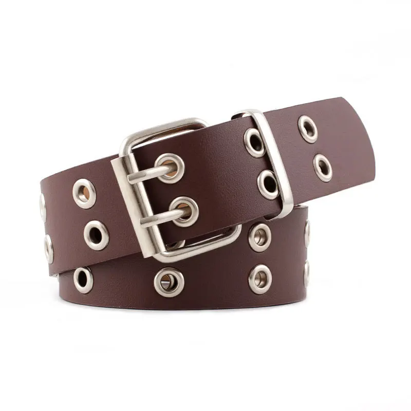 Fashion Harajuku Women Punk Chain Belt Adjustable Black Double/Single Eyelet Grommet Metal Buckle Leather Waistband For Jeans