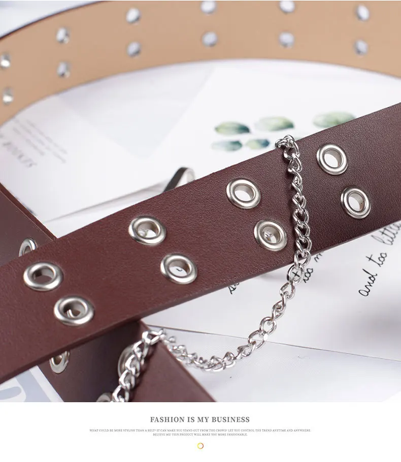 Fashion Harajuku Women Punk Chain Belt Adjustable Black Double/Single Eyelet Grommet Metal Buckle Leather Waistband For Jeans