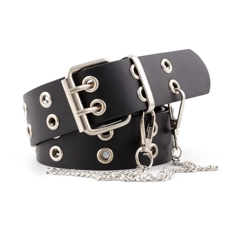 Fashion Harajuku Women Punk Chain Belt Adjustable Black Double/Single Eyelet Grommet Metal Buckle Leather Waistband For Jeans