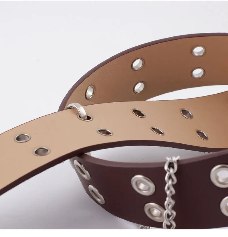 Fashion Harajuku Women Punk Chain Belt Adjustable Black Double/Single Eyelet Grommet Metal Buckle Leather Waistband For Jeans