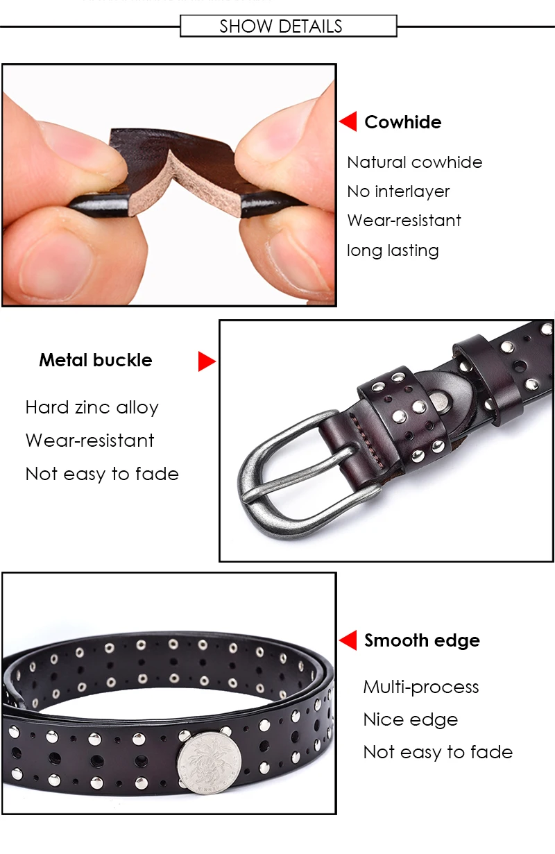 VATLTY Fashion Women's Leather Belt Alloy Buckle Rivet Punk Belt for Female 2.5cm Natural Cowhide Ladies Hip Hop Belt Waistband