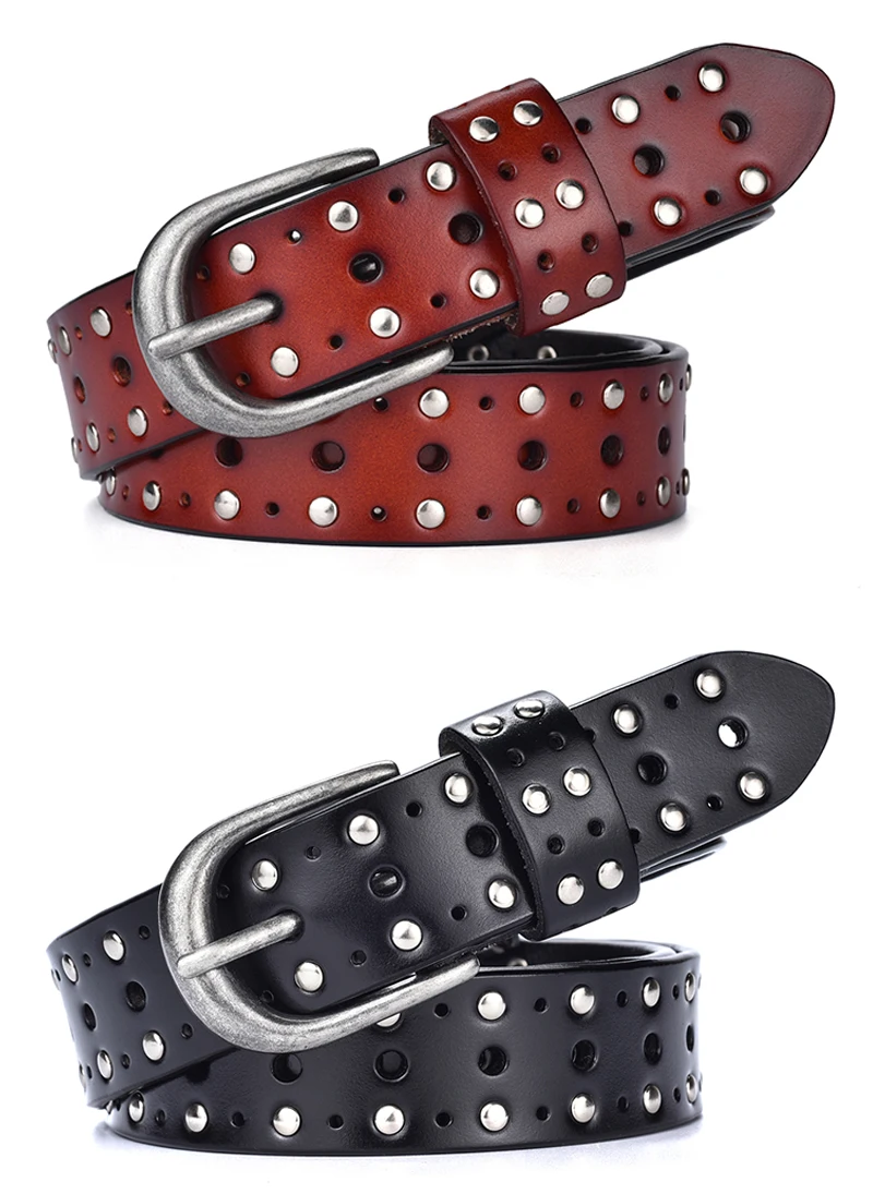 VATLTY Fashion Women's Leather Belt Alloy Buckle Rivet Punk Belt for Female 2.5cm Natural Cowhide Ladies Hip Hop Belt Waistband