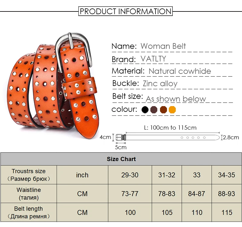 VATLTY Fashion Women's Leather Belt Alloy Buckle Rivet Punk Belt for Female 2.5cm Natural Cowhide Ladies Hip Hop Belt Waistband