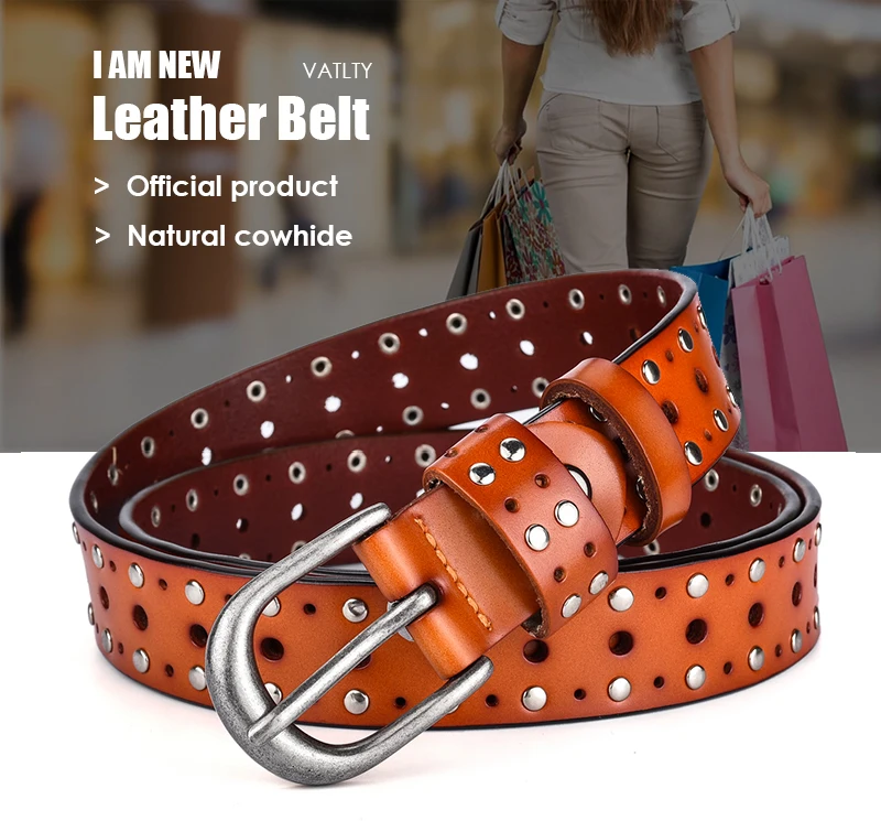 VATLTY Fashion Women's Leather Belt Alloy Buckle Rivet Punk Belt for Female 2.5cm Natural Cowhide Ladies Hip Hop Belt Waistband