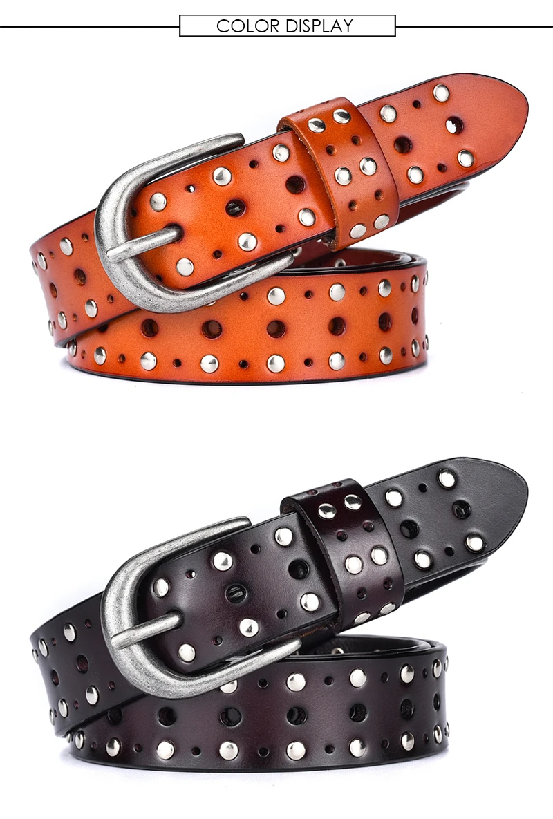 VATLTY Fashion Women's Leather Belt Alloy Buckle Rivet Punk Belt for Female 2.5cm Natural Cowhide Ladies Hip Hop Belt Waistband