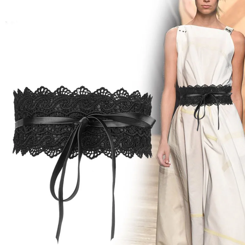 Fashion Lace Bow Women Belt Black Wide Corset Lace Up Waistband Female Dress Decor Waist Belt