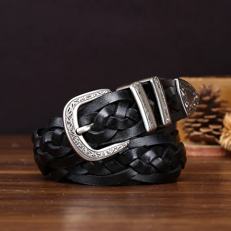 3.2cm new top layer cowhide woven belt retro personality niche casual belt for men