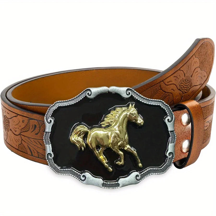 Western Men's Denim Belt, Retro Belt, Wild Horse Buckle, Hip-Hop Personality, Retro Style, Unisex Matching with Jeans/Casual Pan
