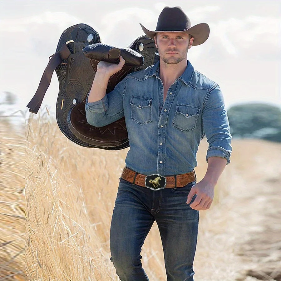 Western Men's Denim Belt, Retro Belt, Wild Horse Buckle, Hip-Hop Personality, Retro Style, Unisex Matching with Jeans/Casual Pan
