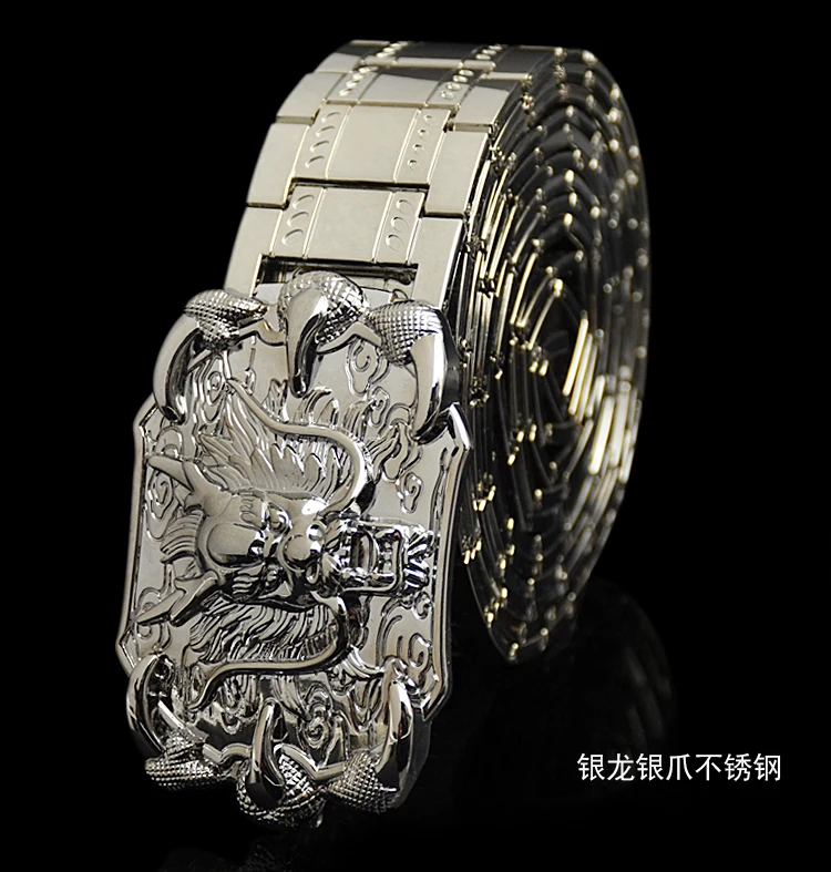 Men's belt metal stainless steel belt silver dragon retro-cologne silver belt high-end designer steel belt personality belt