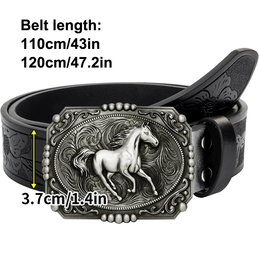 1pc Men's Western Style Belt, Wild Horse, Carved Floral Patterns and Long Horn Decorations, Retro Style, Great Valentine's Day G