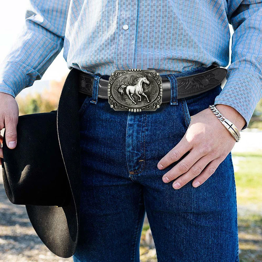 1pc Men's Western Style Belt, Wild Horse, Carved Floral Patterns and Long Horn Decorations, Retro Style, Great Valentine's Day G