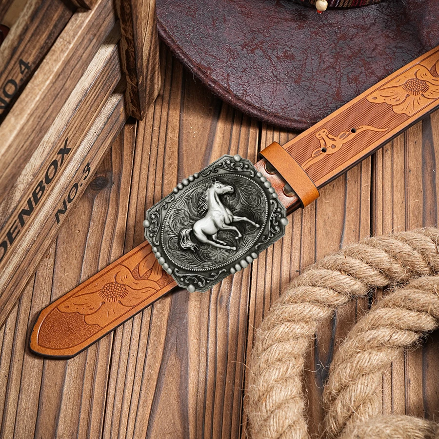1pc Men's Western Style Belt, Wild Horse, Carved Floral Patterns and Long Horn Decorations, Retro Style, Great Valentine's Day G