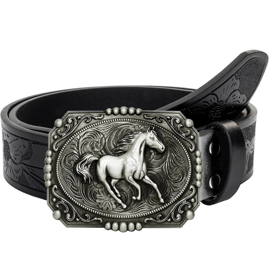 1pc Men's Western Style Belt, Wild Horse, Carved Floral Patterns and Long Horn Decorations, Retro Style, Great Valentine's Day G