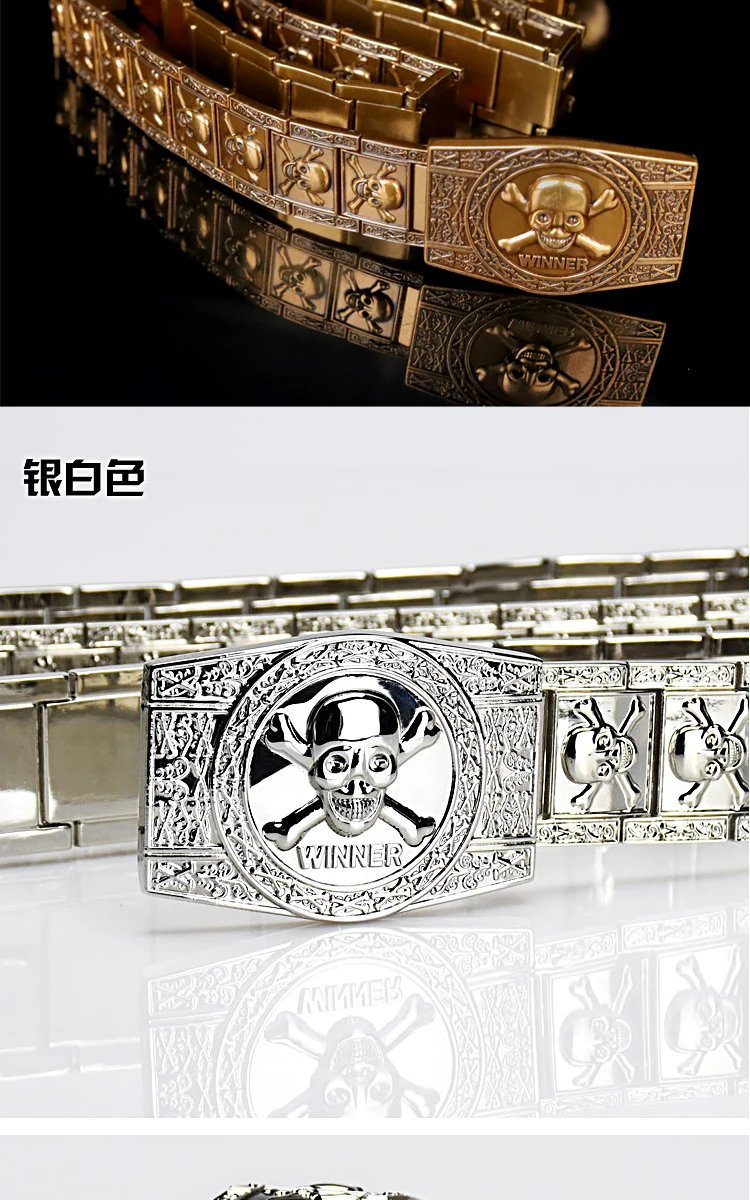 Men Stainless steel Belt metal waistband Golden Skull Skeleton Buckle Punk Rock style Self-defense high quality gold belt black