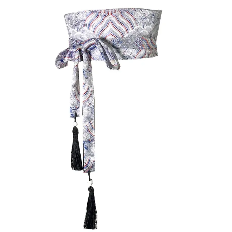 Japanese Kimono Belt Yukata Crane Haori Obi Waist Belts Tassel Women Corset Belt Wave Pattern Wide Belt