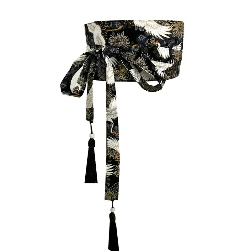 Japanese Kimono Belt Yukata Crane Haori Obi Waist Belts Tassel Women Corset Belt Wave Pattern Wide Belt