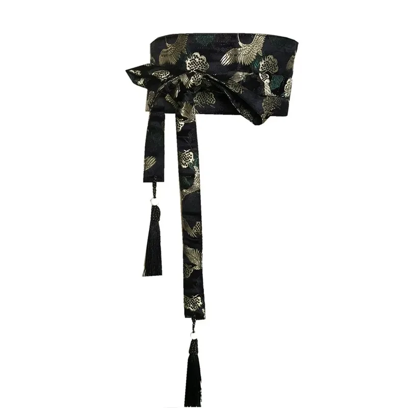 Japanese Kimono Belt Yukata Crane Haori Obi Waist Belts Tassel Women Corset Belt Wave Pattern Wide Belt