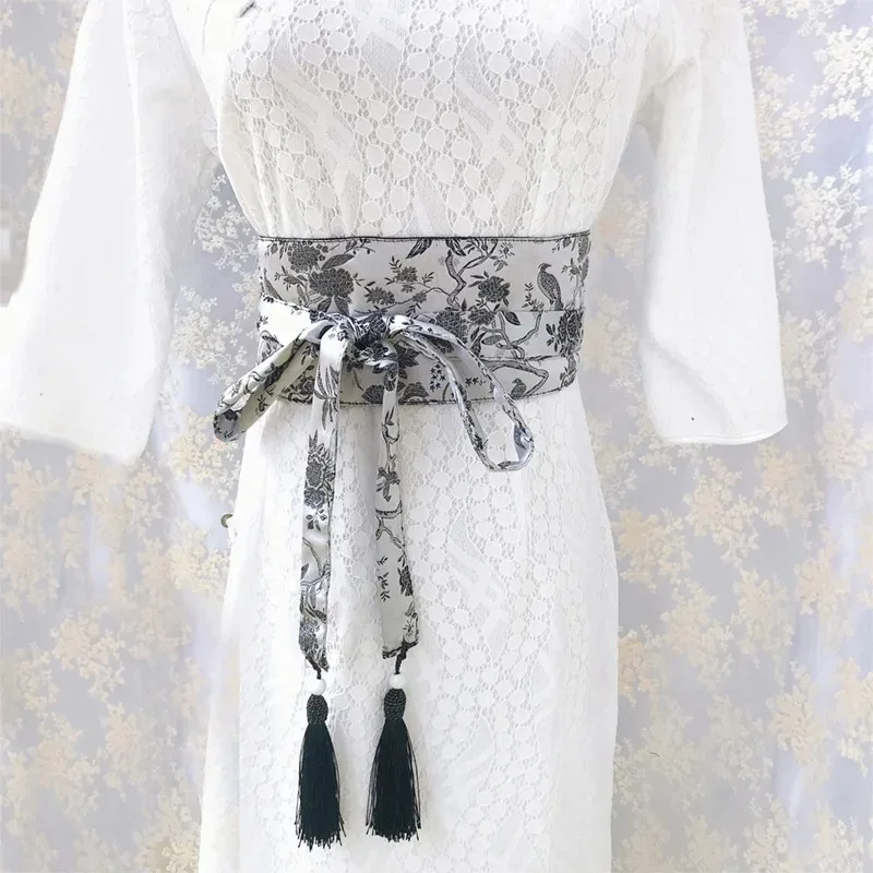 Japanese Kimono Belt Yukata Crane Haori Obi Waist Belts Tassel Women Corset Belt Wave Pattern Wide Belt