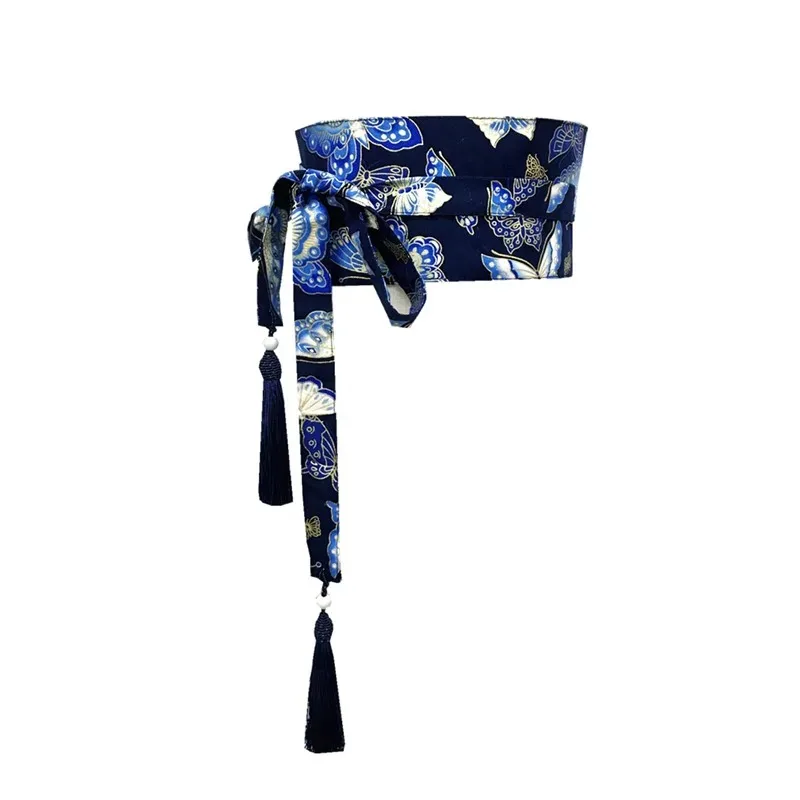 Japanese Kimono Belt Yukata Crane Haori Obi Waist Belts Tassel Women Corset Belt Wave Pattern Wide Belt