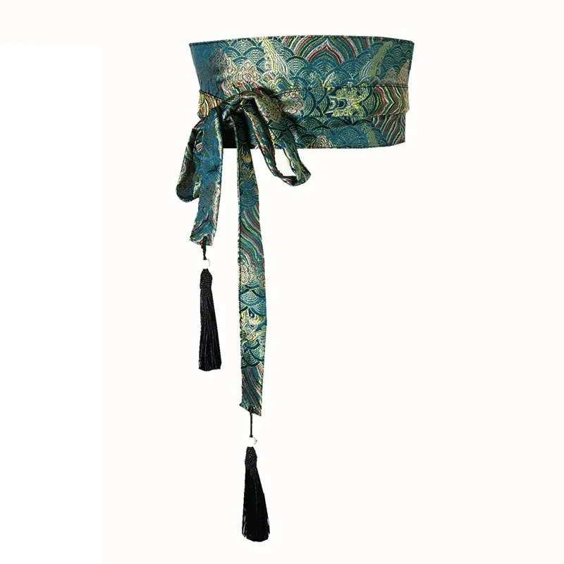 Japanese Kimono Belt Yukata Crane Haori Obi Waist Belts Tassel Women Corset Belt Wave Pattern Wide Belt