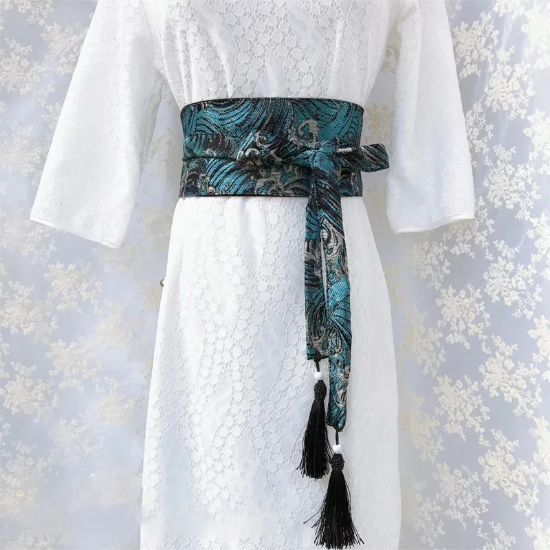 Japanese Kimono Belt Yukata Crane Haori Obi Waist Belts Tassel Women Corset Belt Wave Pattern Wide Belt