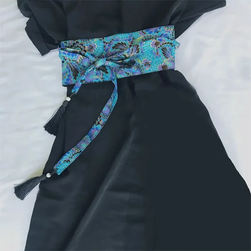 Japanese Kimono Belt Yukata Crane Haori Obi Waist Belts Tassel Women Corset Belt Wave Pattern Wide Belt