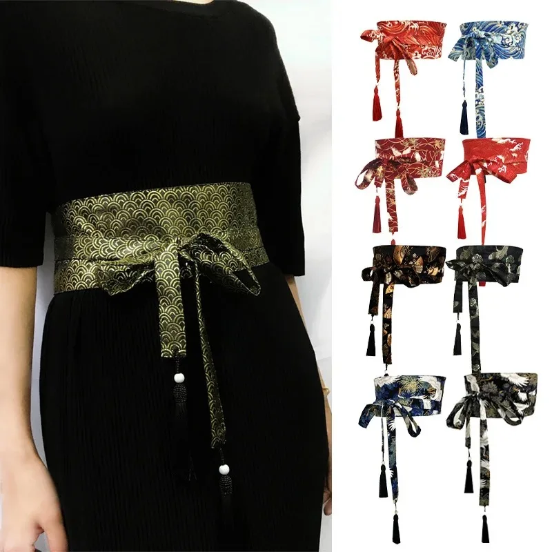 Japanese Kimono Belt Yukata Crane Haori Obi Waist Belts Tassel Women Corset Belt Wave Pattern Wide Belt