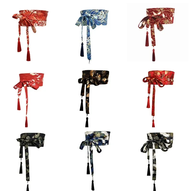 Japanese Kimono Belt Yukata Crane Haori Obi Waist Belts Tassel Women Corset Belt Wave Pattern Wide Belt