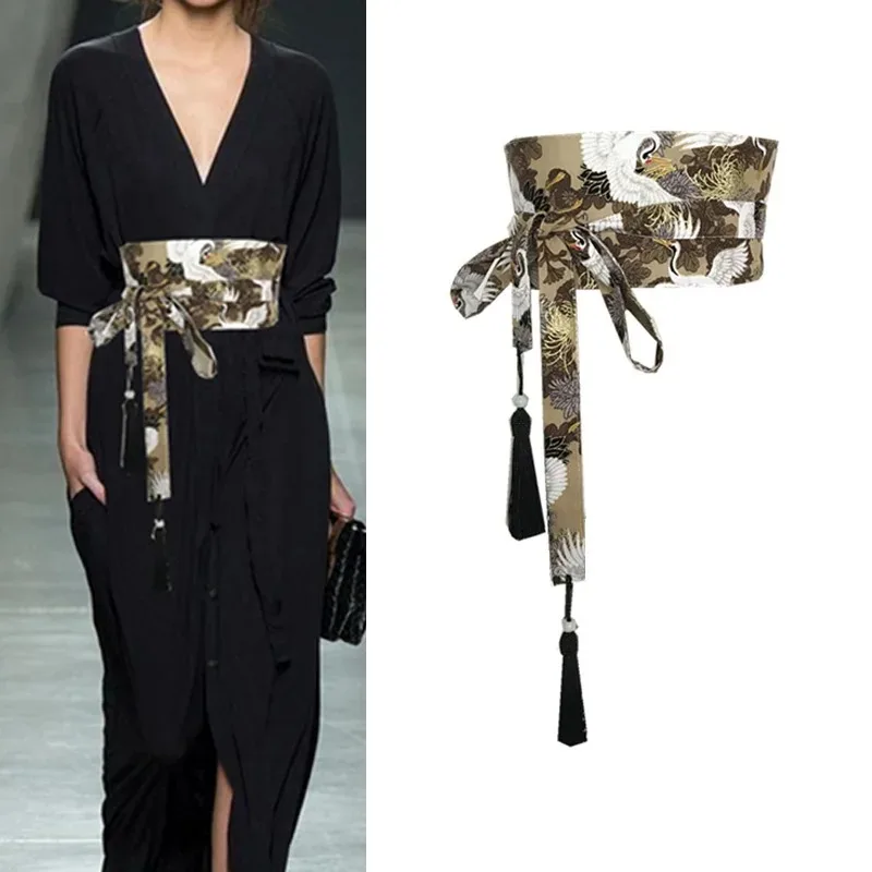 Japanese Kimono Belt Yukata Crane Haori Obi Waist Belts Tassel Women Corset Belt Wave Pattern Wide Belt