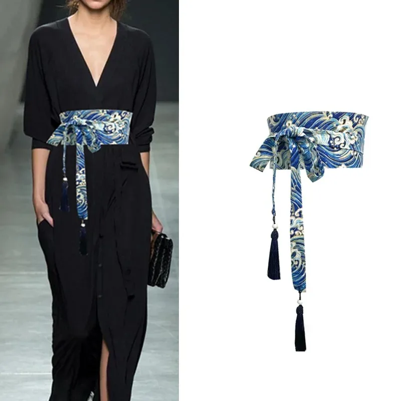 Japanese Kimono Belt Yukata Crane Haori Obi Waist Belts Tassel Women Corset Belt Wave Pattern Wide Belt