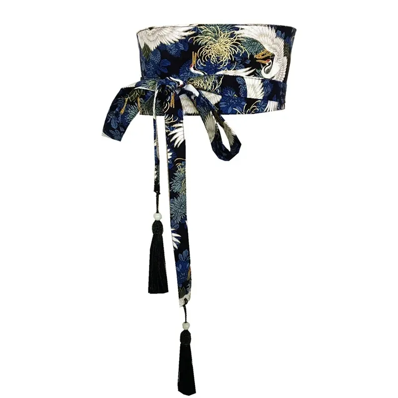 Japanese Kimono Belt Yukata Crane Haori Obi Waist Belts Tassel Women Corset Belt Wave Pattern Wide Belt