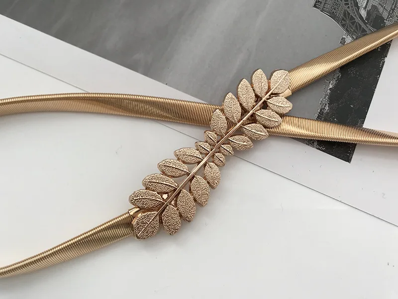 European and American Fashion Women Elastic Waist Chain Metal Leaf Buckle Gold Thin Belts for Women Decoration Dress Ceinture
