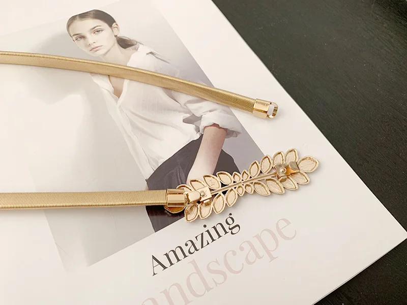 European and American Fashion Women Elastic Waist Chain Metal Leaf Buckle Gold Thin Belts for Women Decoration Dress Ceinture