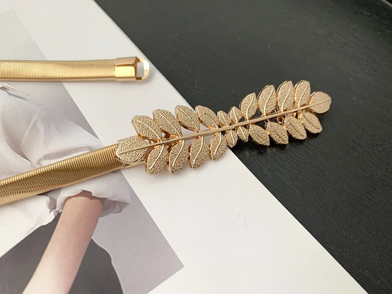 European and American Fashion Women Elastic Waist Chain Metal Leaf Buckle Gold Thin Belts for Women Decoration Dress Ceinture