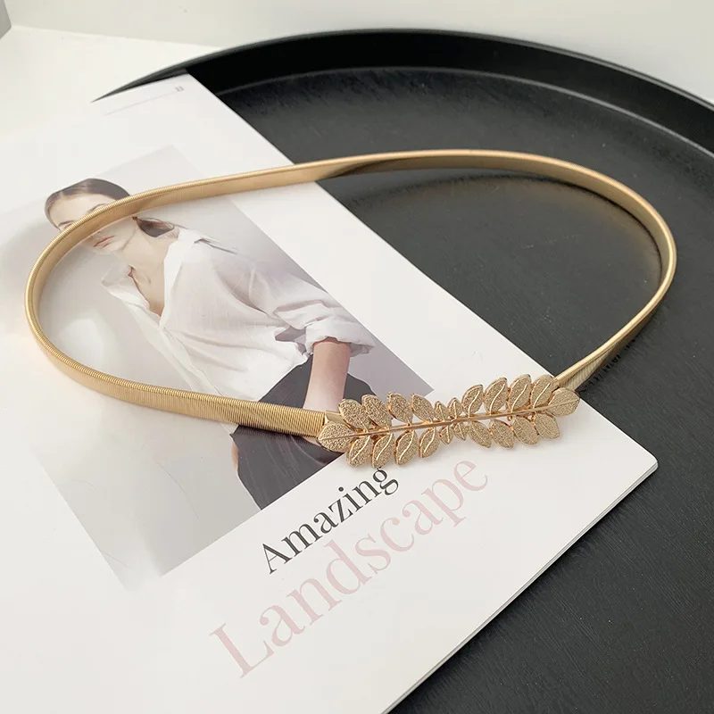 European and American Fashion Women Elastic Waist Chain Metal Leaf Buckle Gold Thin Belts for Women Decoration Dress Ceinture