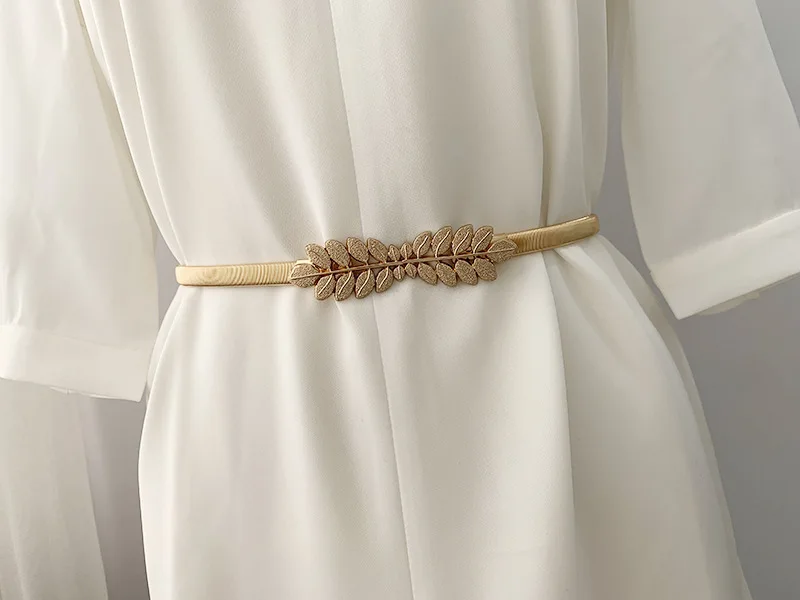 European and American Fashion Women Elastic Waist Chain Metal Leaf Buckle Gold Thin Belts for Women Decoration Dress Ceinture