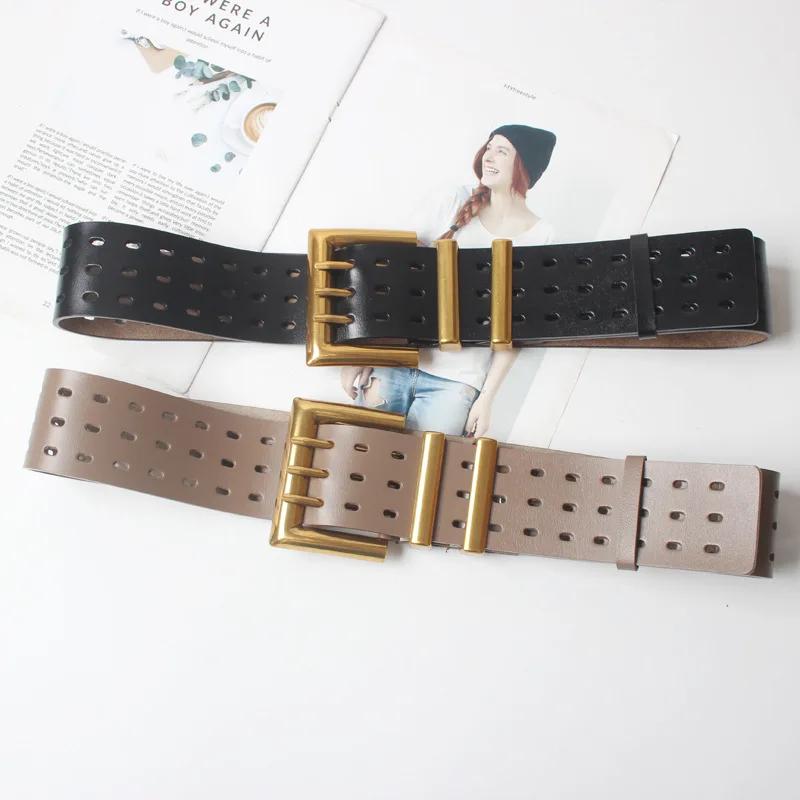 Genuine Leather Waist Seal Wide Eye Belts Lady's Three-row Needle Buckle Waist Seal Pure Cowhide Bronze Buckle Wide Belt