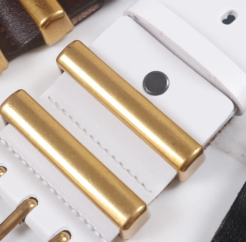 Genuine Leather Waist Seal Wide Eye Belts Lady's Three-row Needle Buckle Waist Seal Pure Cowhide Bronze Buckle Wide Belt