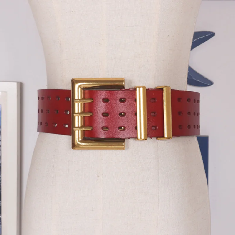 Genuine Leather Waist Seal Wide Eye Belts Lady's Three-row Needle Buckle Waist Seal Pure Cowhide Bronze Buckle Wide Belt